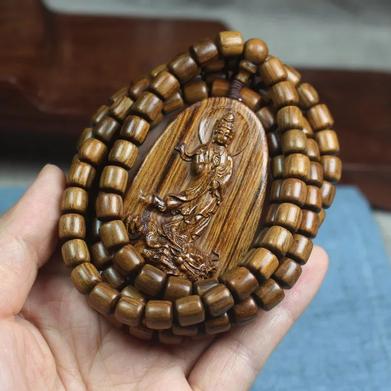 

Black pear wood barrel bead bracelet 108 guanyin pendant Buddha bead handstring men's and women's rosary text play wood crafts