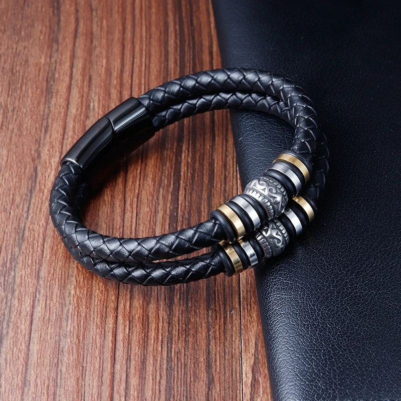 Boho High Quality Multi Layer Braided Rope Leather Bracelet Stainless Steel Men Bangle for Christmas New Year Charm Jewelry Gift