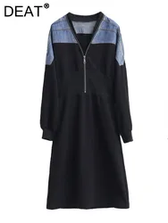 DEAT Abito in denim da donna Patchwork Cerniera Scollo a V Vita alta Manica lunga Colore a contrasto Abiti a metà polpaccio 2025 Moda primaverile 29L81