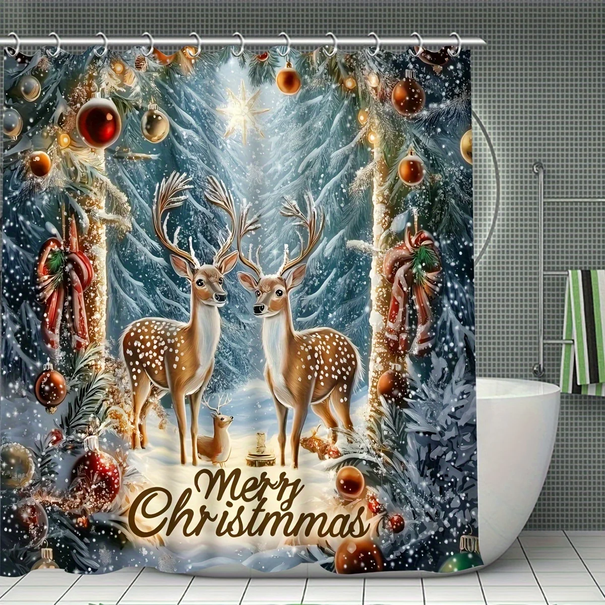 4PCS Christmas Winter Shower Set, Reindeer Print White Green Theme 12 Hooks Non-Slip Mat U-Seat Cover Holiday Decor