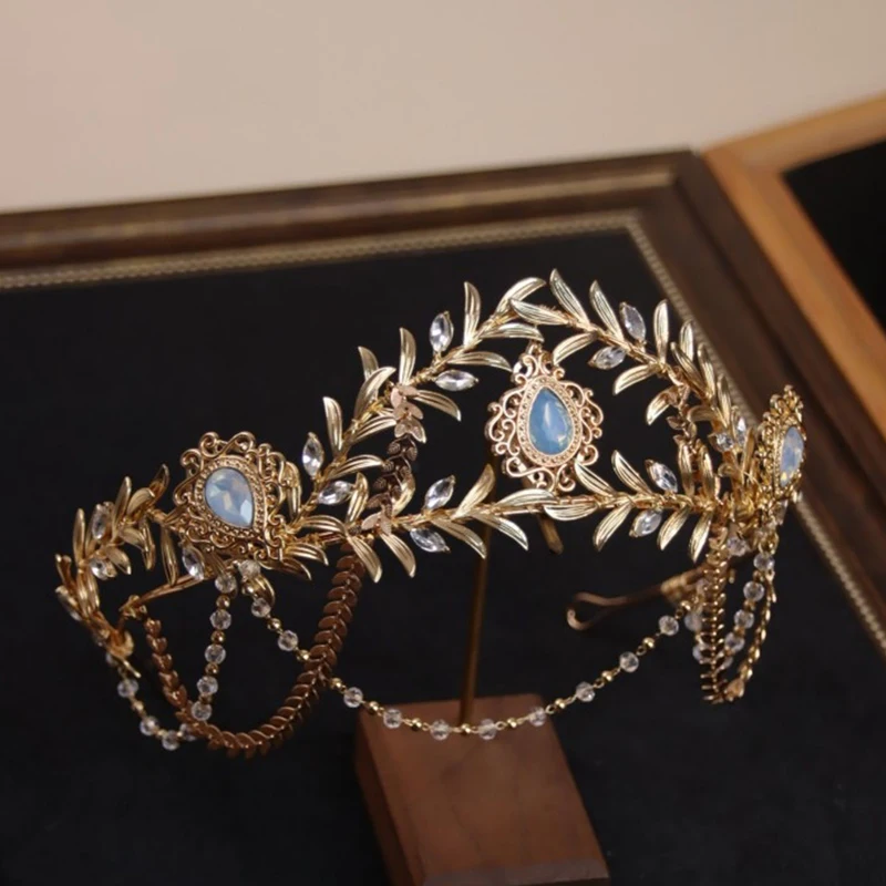 Vintage Wedding Crown Women Prom Hairband Gold Color Leaf Bridal Forehead Tiara Bride Hair Piece Accessories