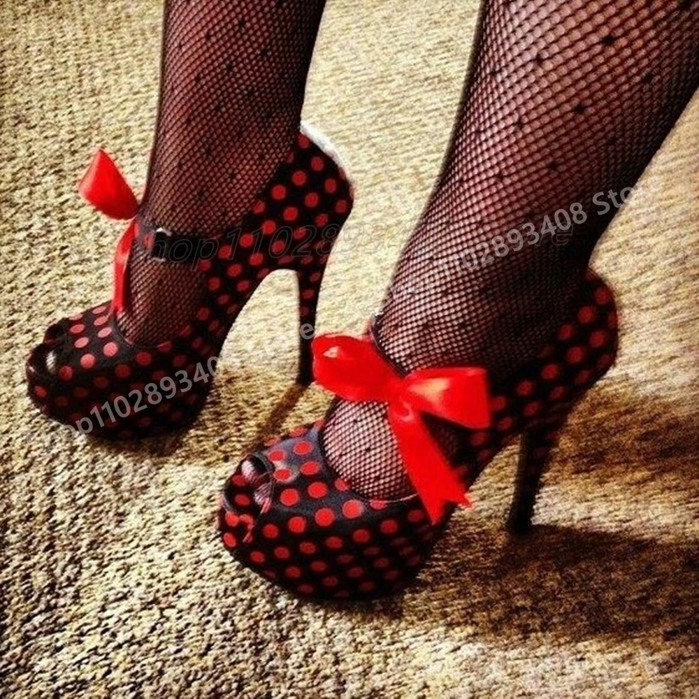 

Red Dot Print Butterfly Knot Peep Toe Pumps Retro Stiletto High Heel Shallow Sexy Women Shoes 2025 Summer Zapatos Para Mujere