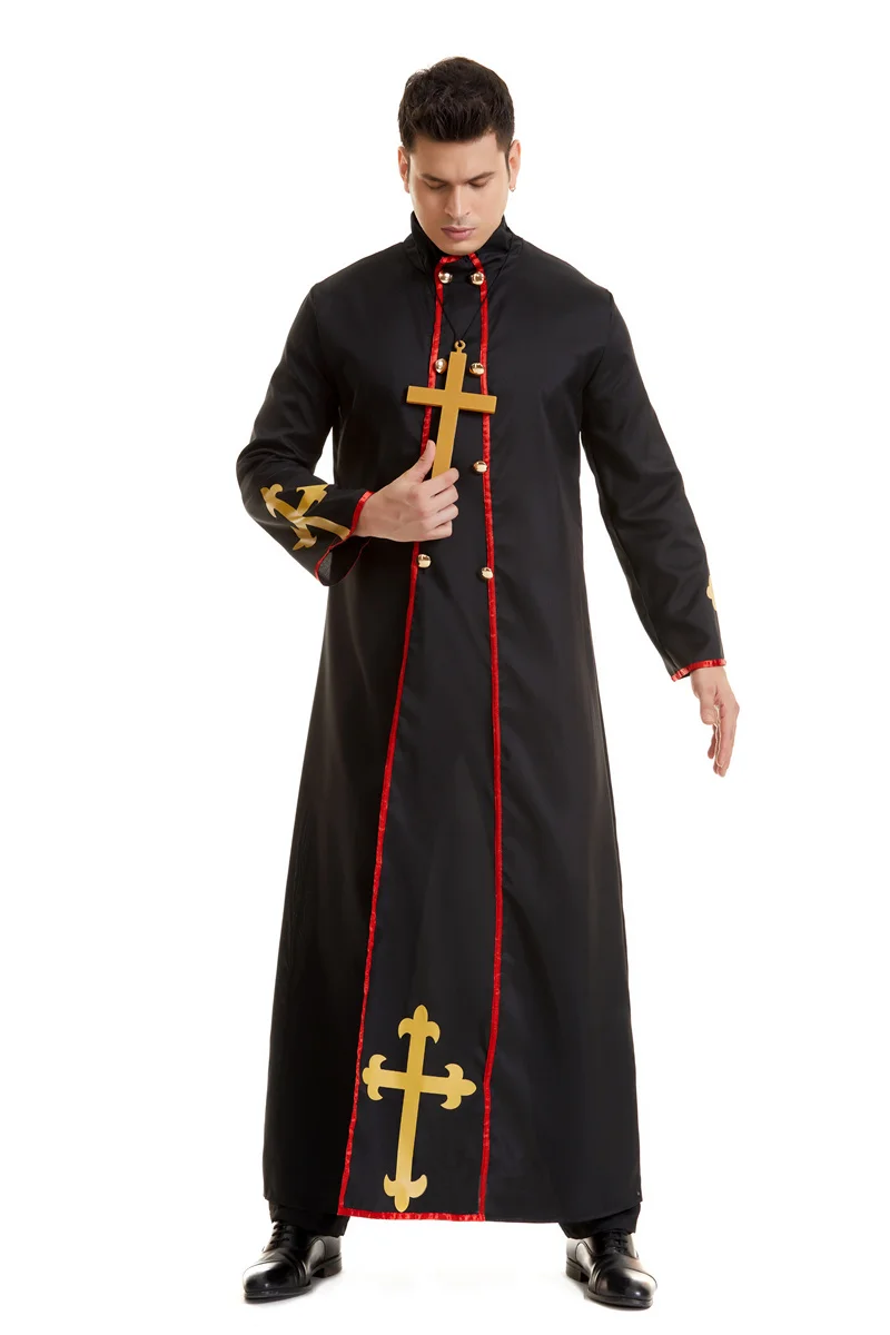 Adult Men Evil Priest Costumes Cosplay Jesus Christ Godfather Priest Robe Halloween Purim Party Fancy Dress