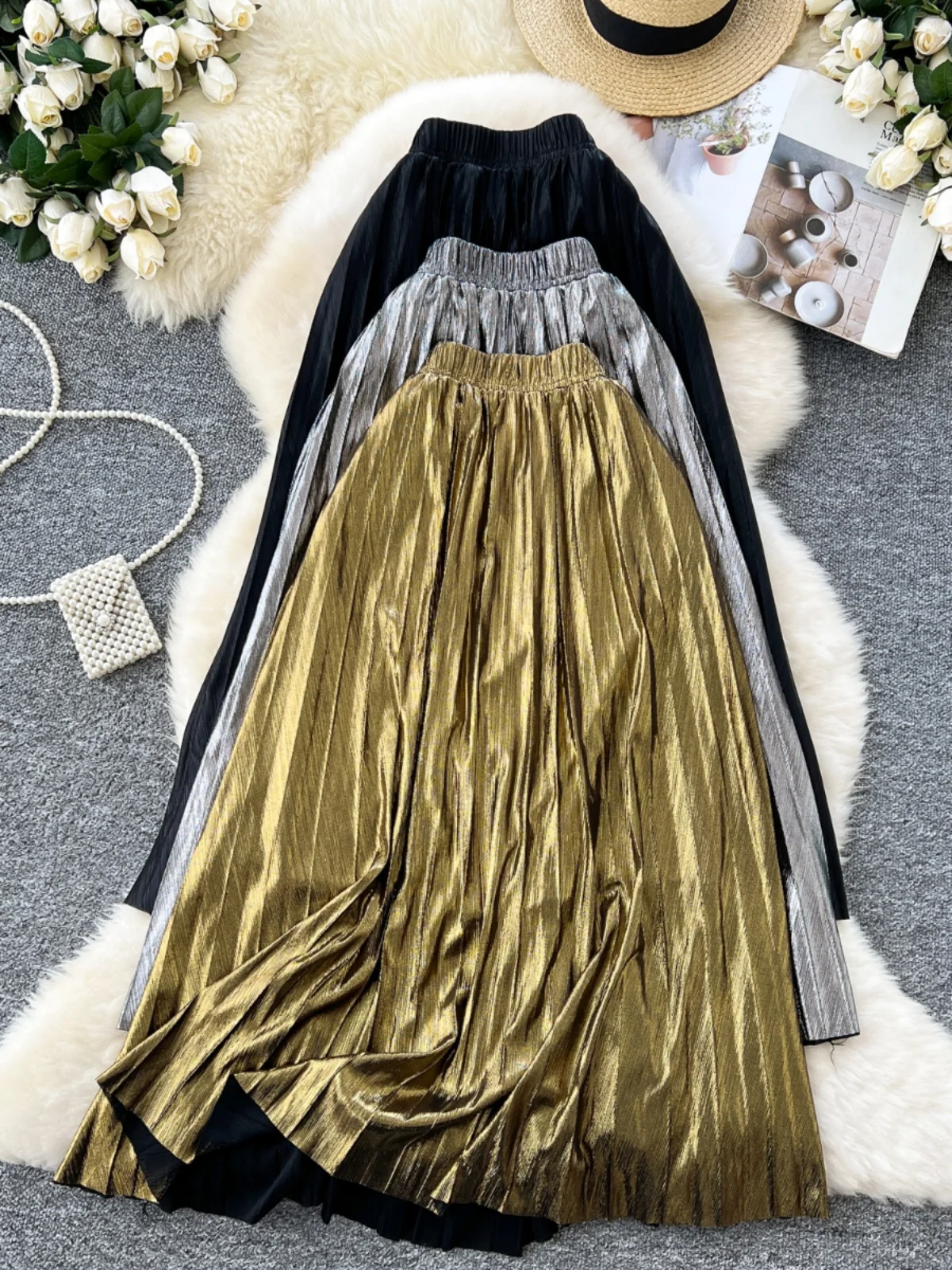 Minifalda brillante de corte A, cintura alta, ajustada, color metalizado, estilo midi plisado para mujer, moda otoño-invierno...