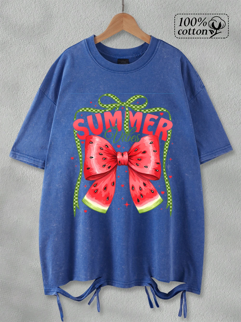 100% 코튼 워시 티셔츠 여성용 오버 사이즈 여름 바이브 수박 프린트 탑 o 넥 디스트레스드 홀 티셔츠 캐주얼 의류
