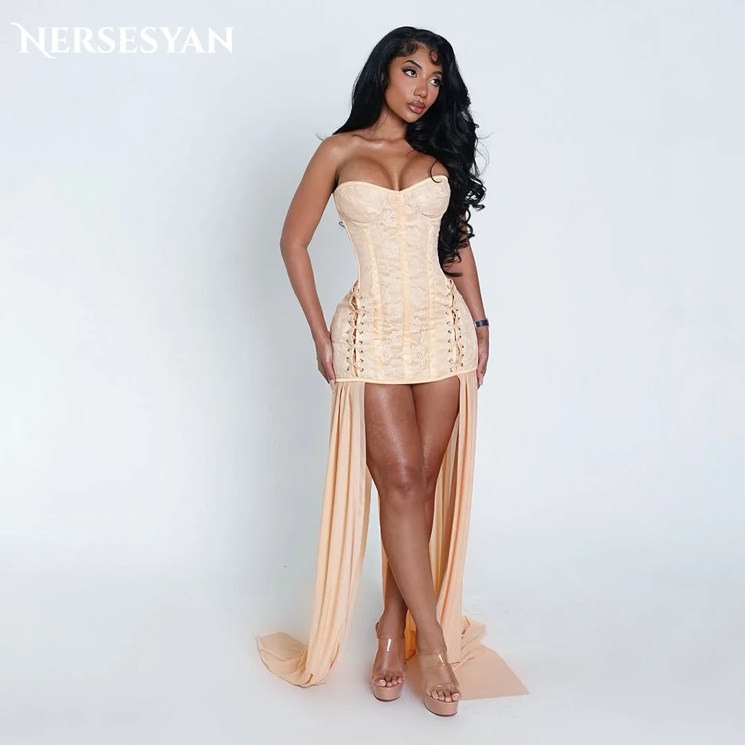 

Nersesyan Champagne Lace Prom Dresses Off Shoulder Appliques Ribbons Mini Dress Corset Women Cocktail Party Gowns Customized