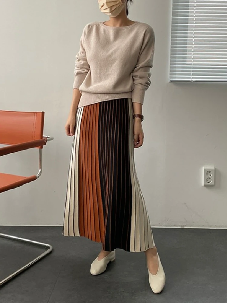 Autumn Winter Knitting Skirt High Waist Long Pencil Skirt Women Knitted Casual Vintage Maxi Skirt Vintage Warm Thick Midi Stripe