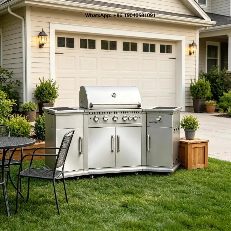 Top Control Outdoor Gas BBQ Grill with Control Knobs LED Lights 6 Burners Rotisserie for Outdoor Kitchen Island