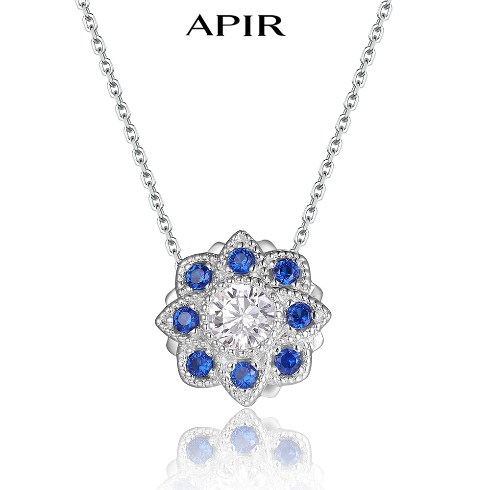 

APIR 5A Zircon Claw Inlay Sapphire Pendant Necklace for Women White Gold Plated Diamonds Chain Blue Flower Vintage Jewelry Necks