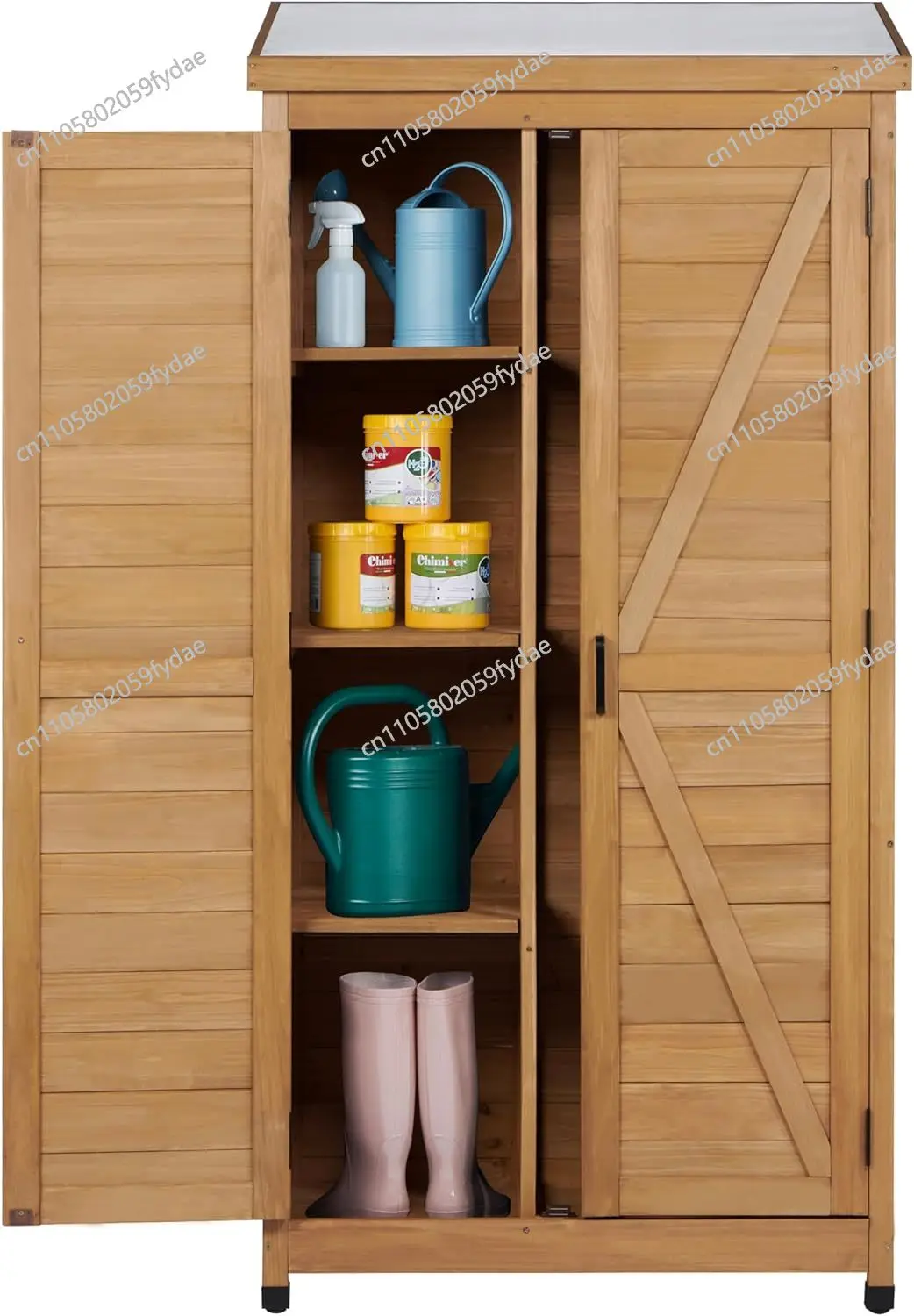Outdoor Wooden Storage Shed with Metal Top Tall Vertical Tool Cabinet for Backyard Garden Patio Lawn (Gold)
