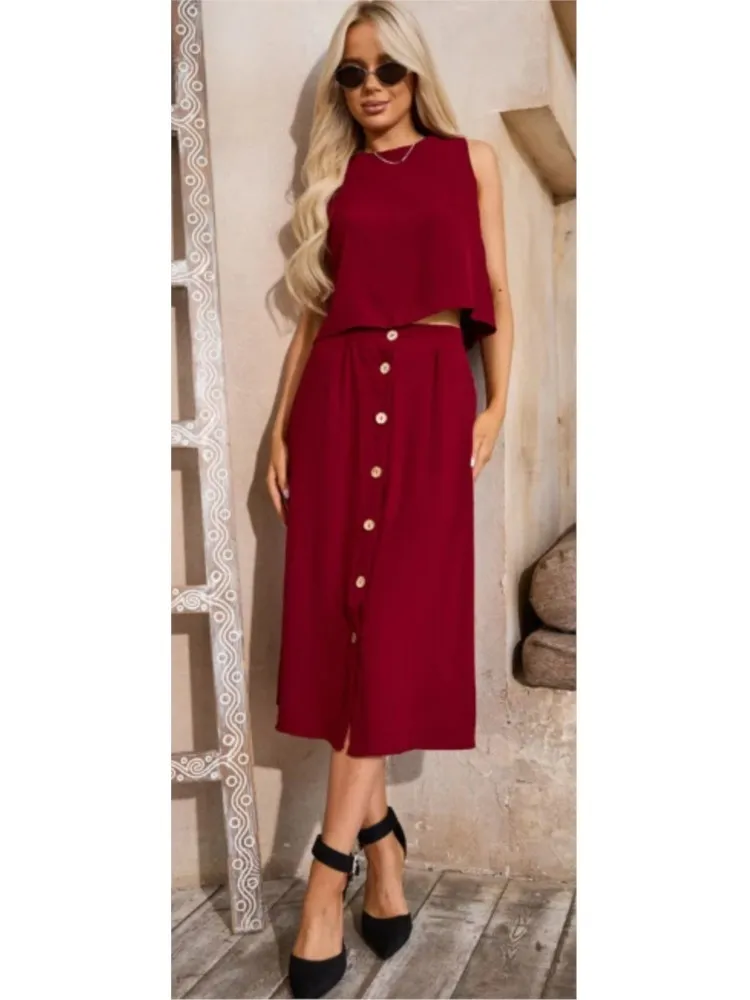 新しい夏のセット女性のカジュアルベストボタンスカートスーツルーズノースリーブベストシングルブレストスカート 2 点セット女性の衣装