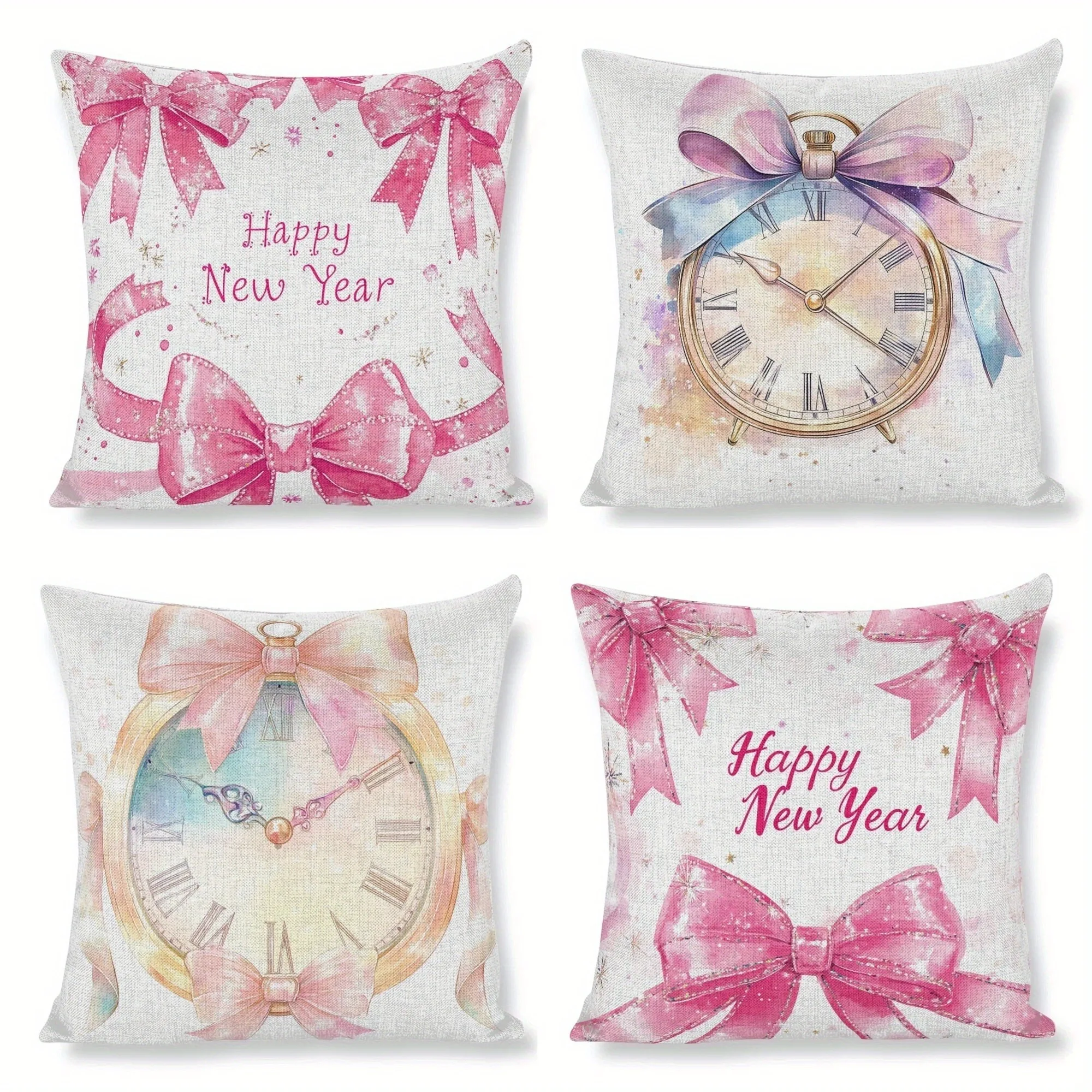 

Новогодняя наволочка с бантом и часами, художественный праздничный дизайн, розовая наволочка для домашнего декора