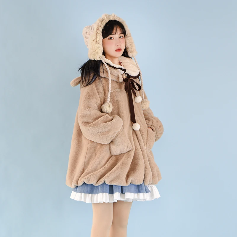 Sobretudo Lolita grosso de lã de cordeiro feminino, roupas quentes de inverno, casacos e jaquetas, outwear, design doce, estilo japonês