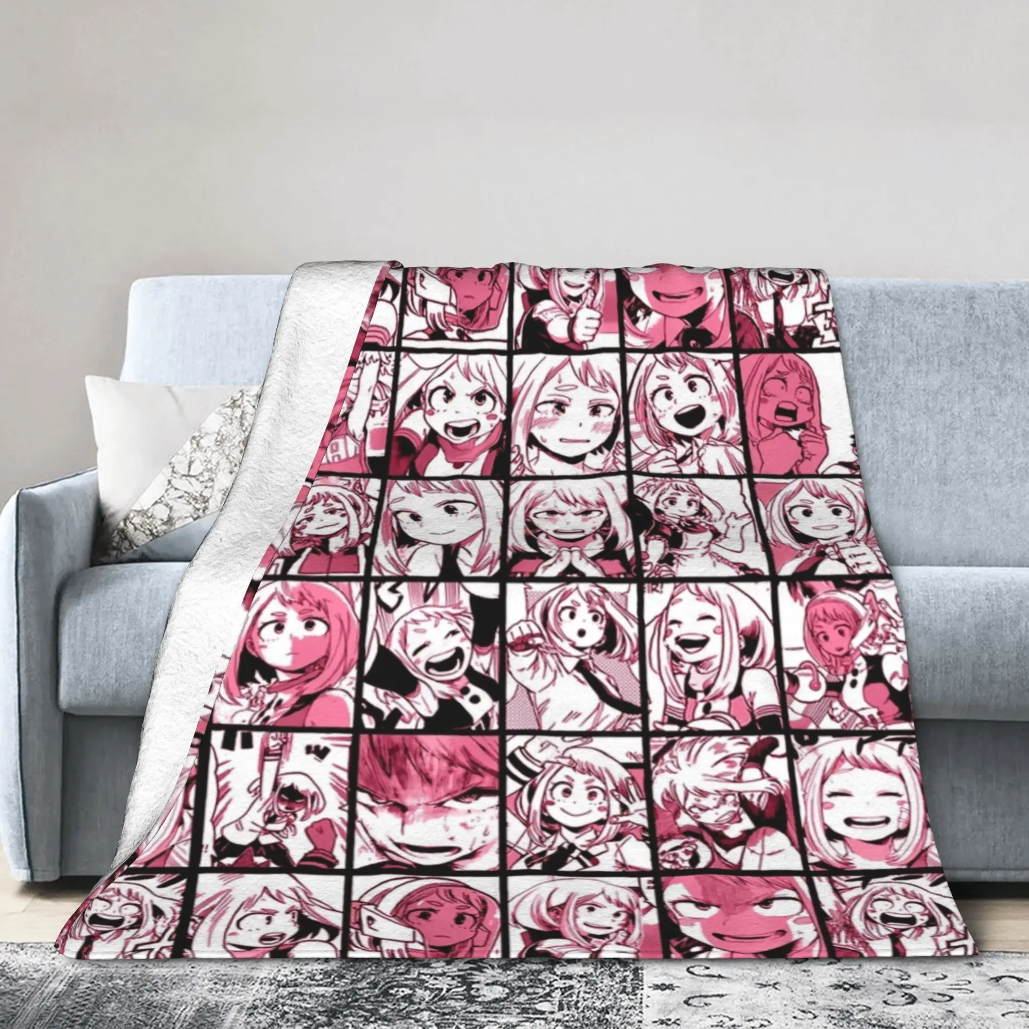 Uraraka Ochako Collage Knitted Blankets Academy Anime Manga Throw Blankets Summer Air Conditioning Ultra-Soft Warm Bedspreads
