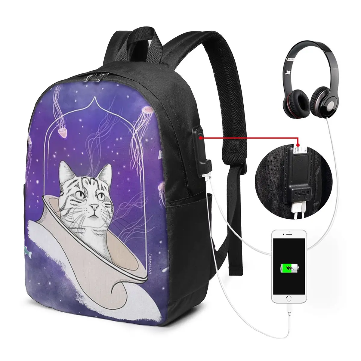 Undersea Adventure Cat And Jellyfish Backpack Travel Notebook Bag Computer College Student School Bag Laptop Shoulder Bags