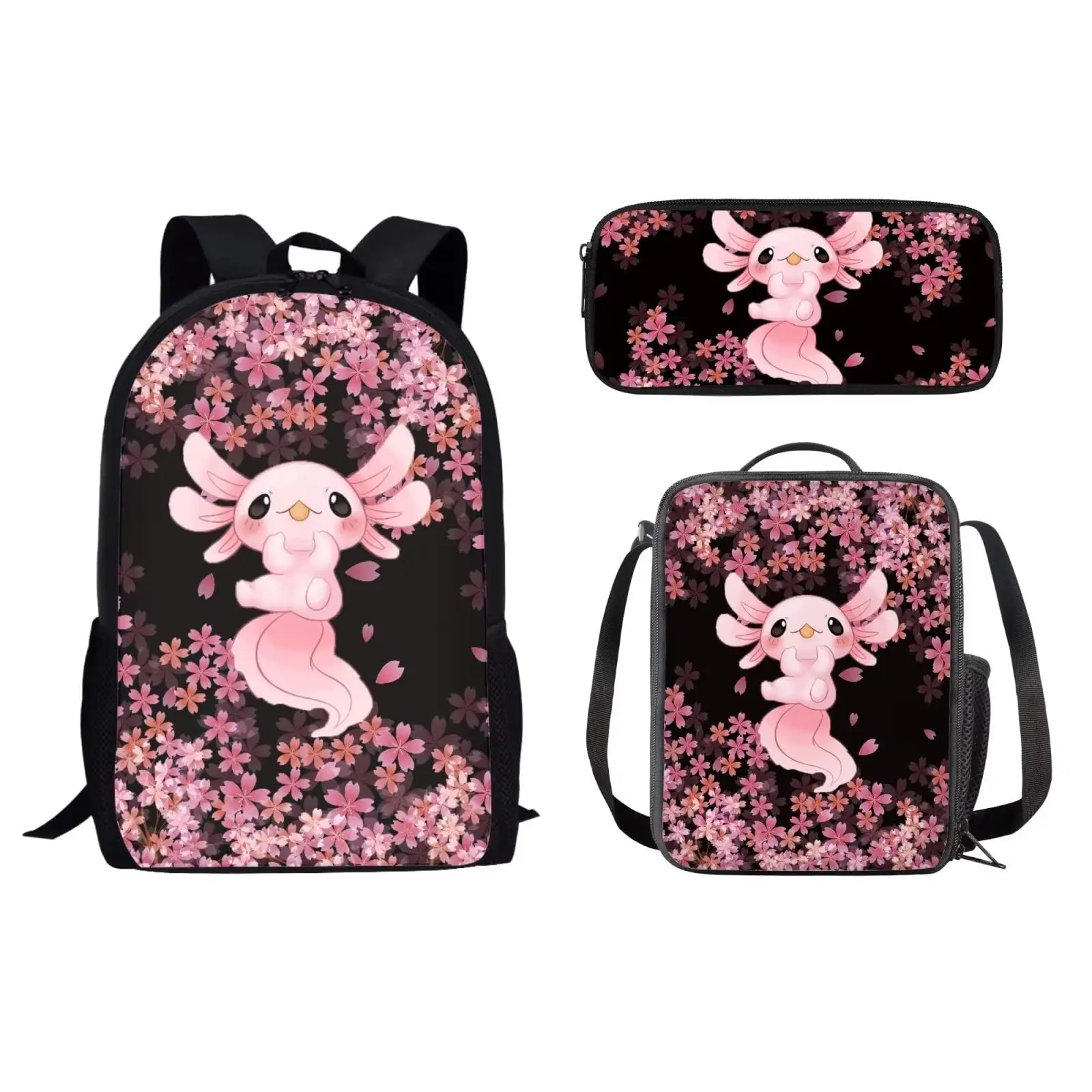 Cute Axolotl Cherry Blossoms School Backpack Set for Teenagers Girls Boys Campus Bookbags,Thermal Lunch Bag,Pencil Case Gifts