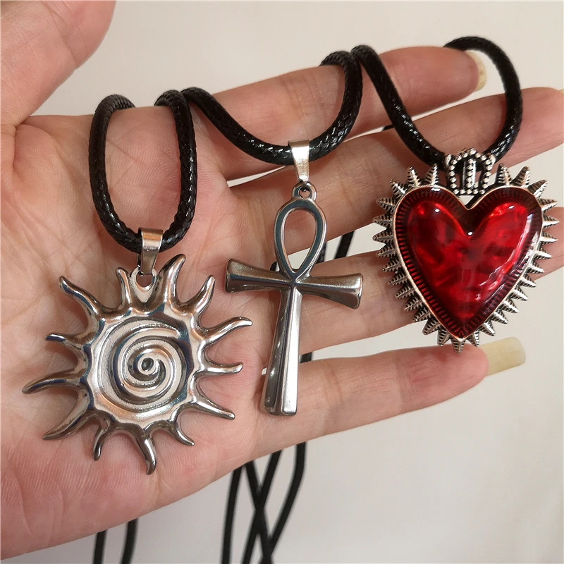 Stainless Steel Metal Vortex Sun Cross Red Heart Pendant Thick Long Leather Rope Necklace Men Women Punk Goth Charm Accessories