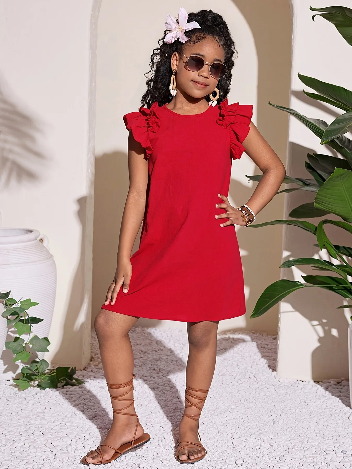 Mädchen Rüschen Ärmelloses Rotes Kleid Rundhals Lässiges A-Linien-Sommerkleid 4-12 Jahre Kinder für Strand Urlaub Party Locker Bequem Sommer-Outfit – Detail 1