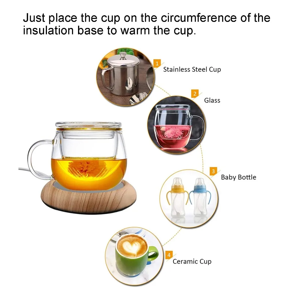 Coffee Mug Warmer Wood Grain USB Heater Pad Fast Heating Electric Cup Warmer Thermal Focusing 5W Beverage Warmer Tea Drinkers