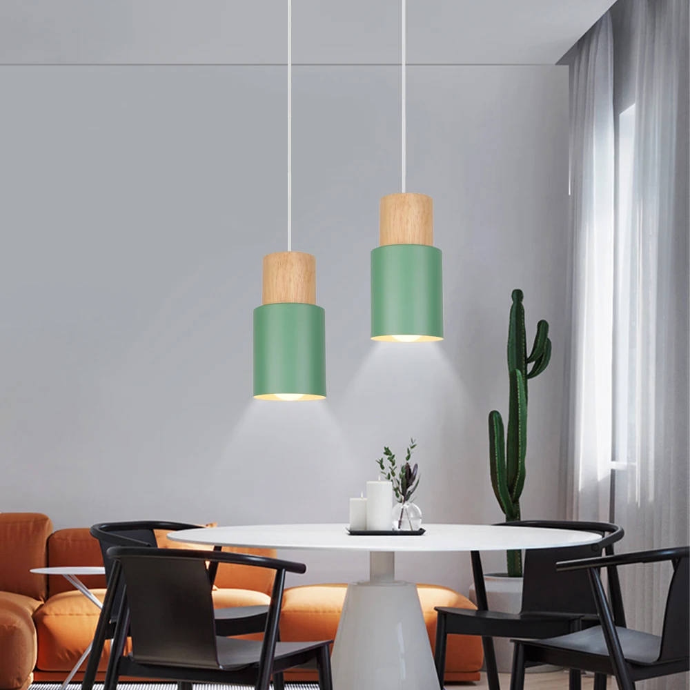 Green Modren Wood Pendant Lights Nordic E27 Hanging Pendant Lamps Restaurant Bar Living Room Bedside Lighting Fixture Luminaire