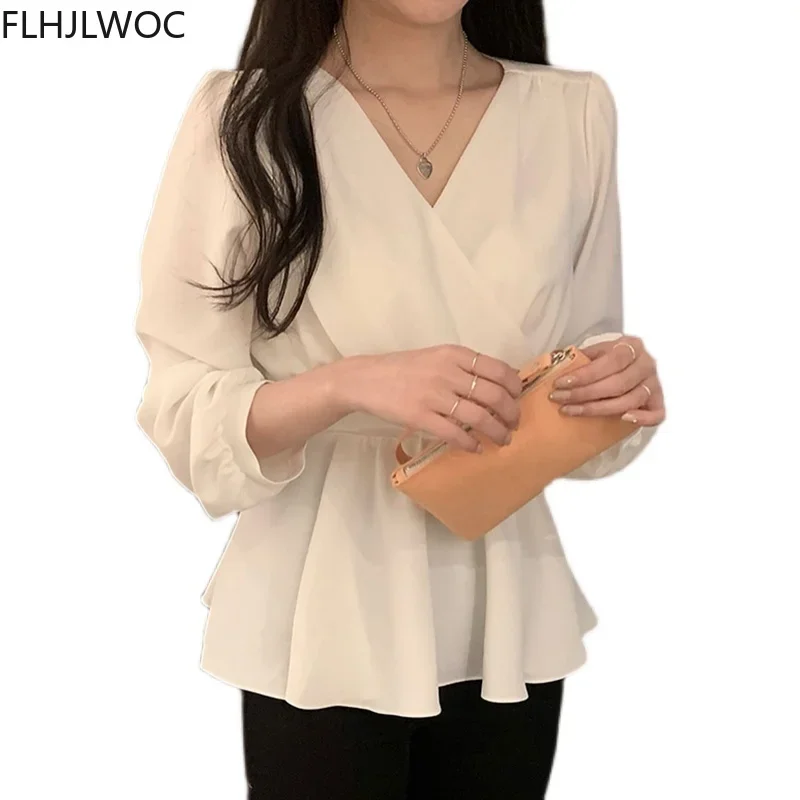 Korea Chic Tops Blusas Women Fashion FLHJLWOC Office Slim Elastic Waist Belly Peplum Top V Neck Solid White Shirt Pink Blouse