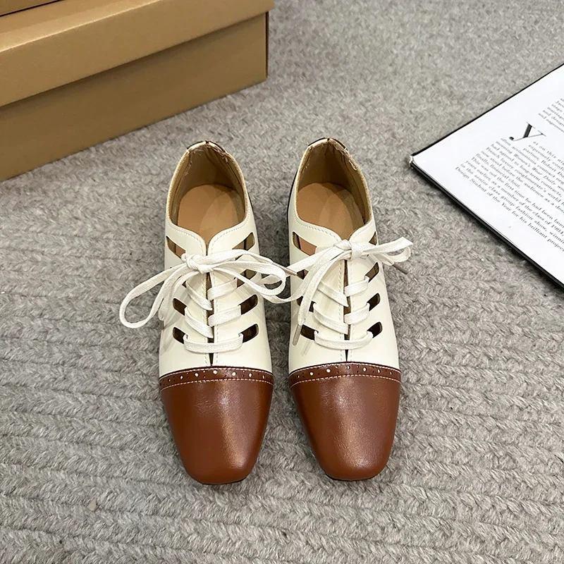 2024 Women's Shoes Color Blocked Square Toe Low Heel Comfortable Breathable Women's Shoes Lace Up Decorative Spring and Autumn