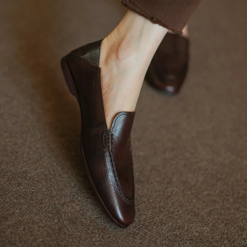 Women Flats Horsehide Flat Shoes Vintage Casual Loafers Spring Autumn Slip On Women Simple Shoes Round Toe Daily Quality Flats
