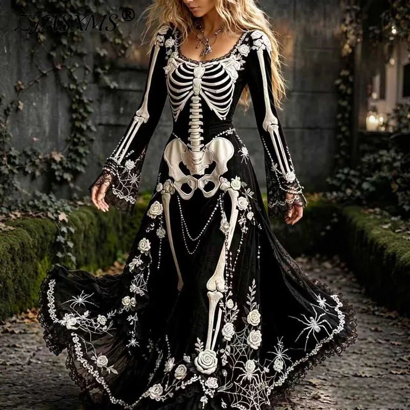 Damen Halloween Skelett-Print Maxikleid Spitzenärmel Quadratischer Ausschnitt Blumenmuster Langes Kleid Cosplay Party Karneval Kostüm Kleider