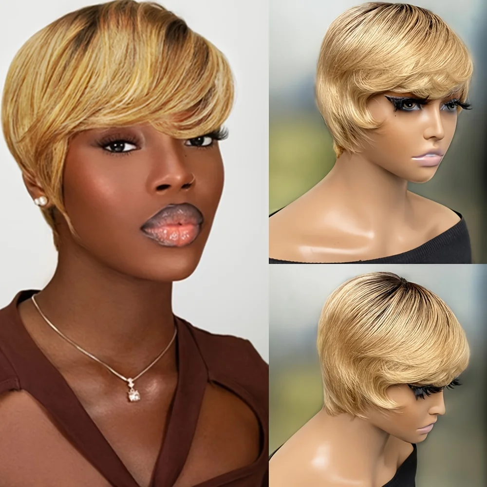 

pixie human hair wigs for women 6inch mix color pixie wig 150% density human hair machine made wig daily party use