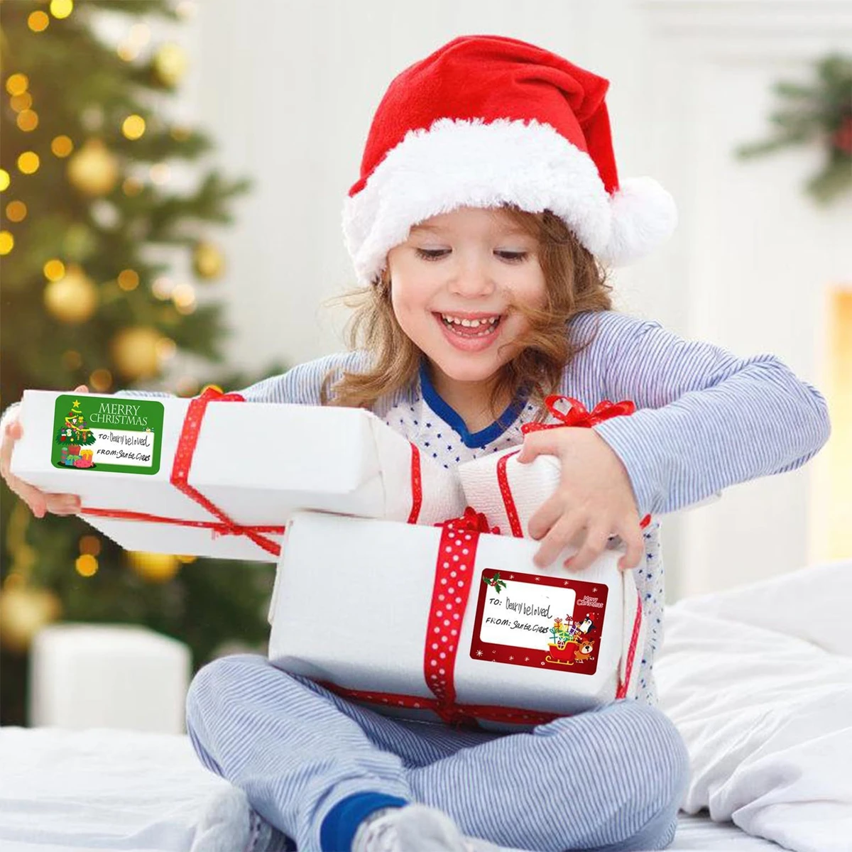 60 قطعة من ملصقات علامات عيد الميلاد، 8 ملصقات هدايا ذاتية اللصق بتصميم علامات أسماء مع رجل الثلج سانتا شجرة عيد الميلاد وأجراس الرنة للعطلات #6