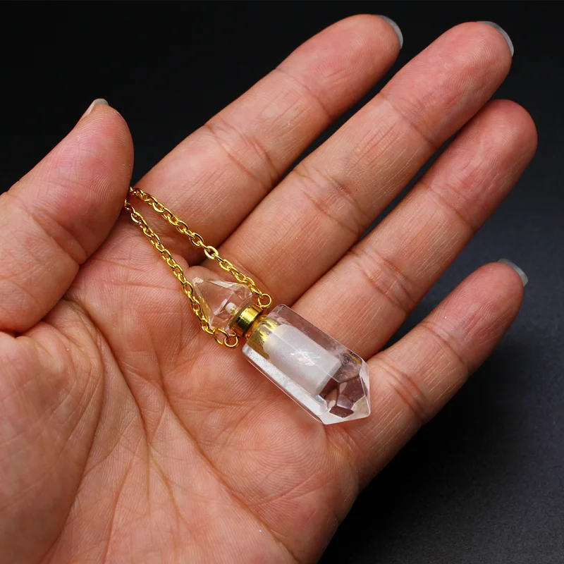 Natural Stone Faceted Prism Perfume Bottle Pendants Necklace Cut Hexagon Points Crystal Essential Oil Diffuser Vial Charms