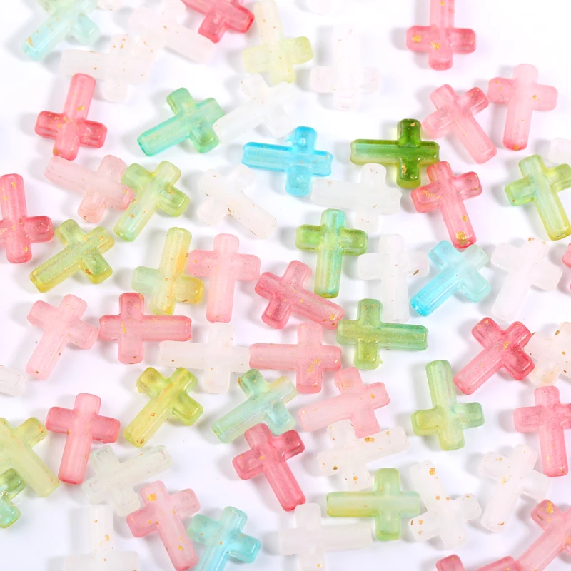 50pcs 12x15mm Christmas Color Cross Acrylic Beads Golden Frosted Spacer Beads For DIY Bracelet Earrings Pendant Jewelry Making