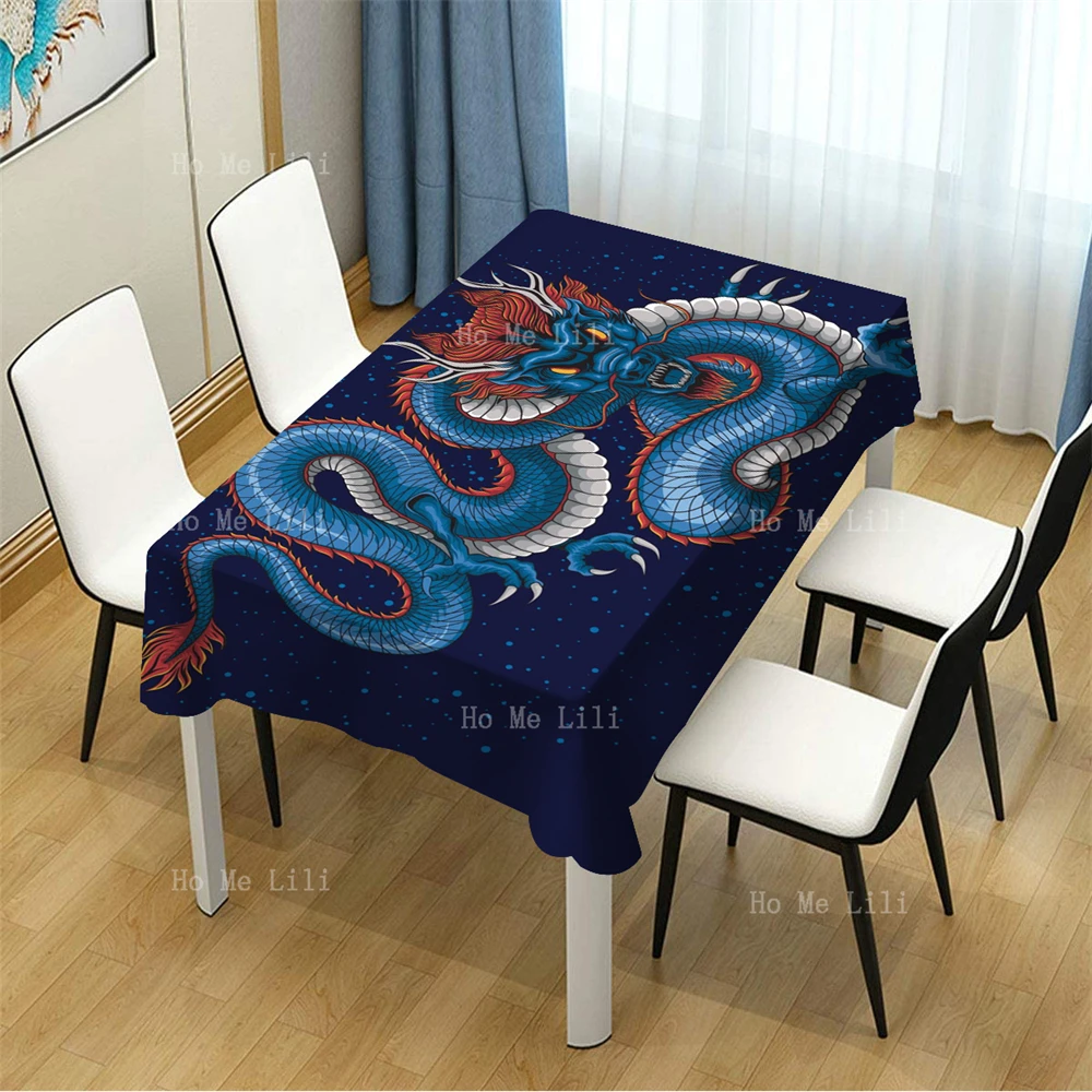 Myths And Legends Blue Dragon Japanese Cherry Blossom Mount Fuji Kanagawa Pattern Tablecloth For Kitchen Dinning Home Decor