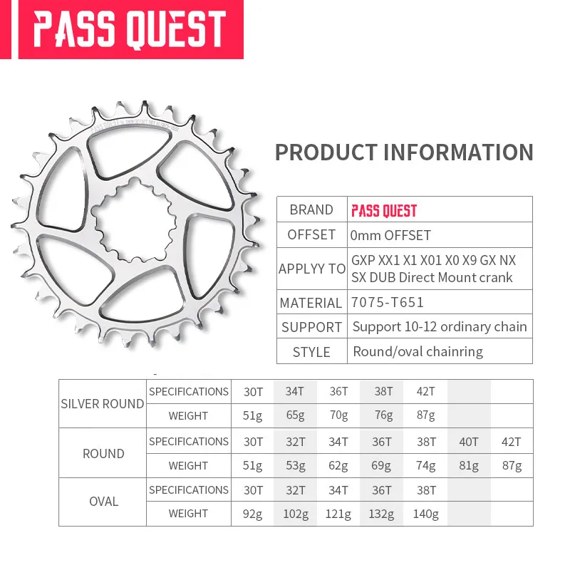 PASS QUEST GXPS 0mm Offset Chainring Wide Narrow Teeth Chainwheel 30-48T Round/Oval Disc forSRAM Bike Parts