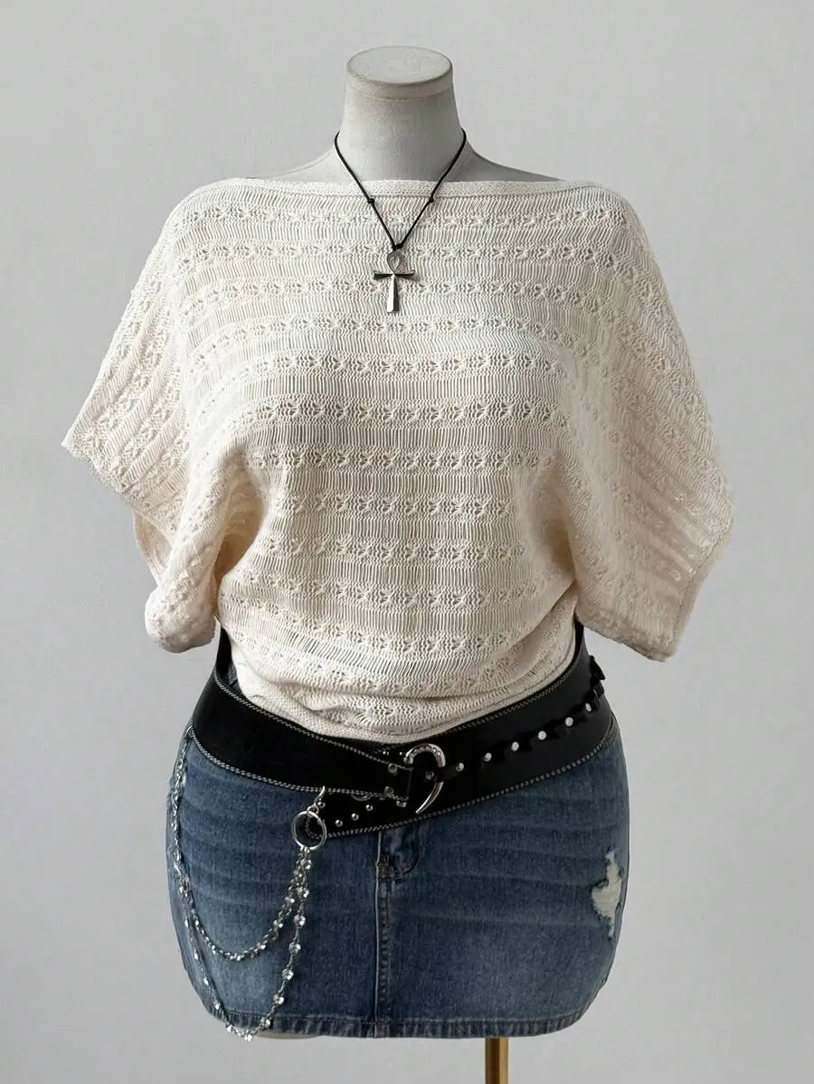 

Кремовый свободный вязаный топ с открытыми плечами и ажурным узором, в богемном стиле