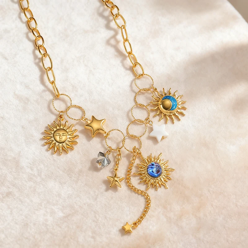 خمر مطلية بالذهب الشمس القمر ستار على شكل قلادة الفولاذ المقاوم للصدأ سحر قلادة للنساء بيان مجوهرات هدايا عيد الميلاد