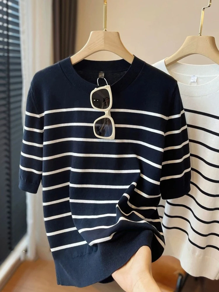 Sommer Faionable Farbe Blo Streifen ort Sve Gestrickte Pullover frauen runde Ne Pullover Top Koreanische Sle Lose Fit