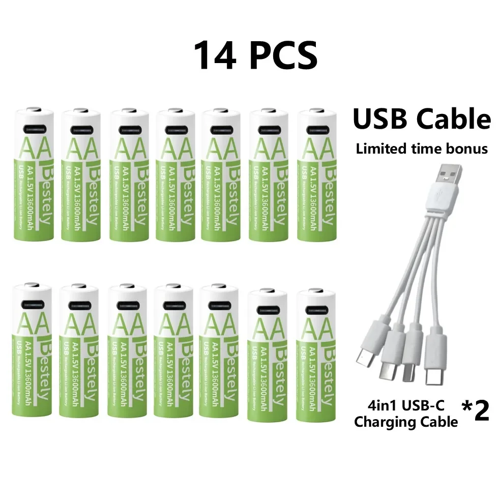 1,5 V 13600 mAh AA-Batterie USB-C wiederaufladbar, Schnelllade-Lithiumbatterie mit kostenlosem Kabel, über 2000 Zyklen für Kameras, Spielzeug, Maus