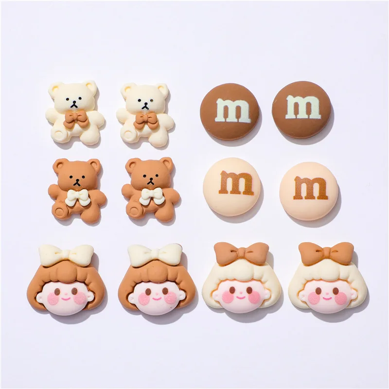 10pcs Cartoon Beige Coffee Bear M Beans Girl Flatback Resin Cabochon For Hair Bow Clips Accessories Scrapbook Diy Home Decor