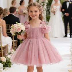 Baby Girls Bow Sling Mesh Dresses Infant Girls Children Pearl Formal Vestidos Party Wedding Birthday for 1-5Years Kids Clothes