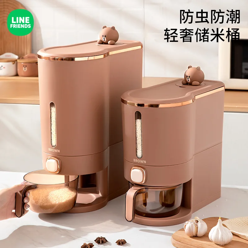 LINE FRIENDS Brown Automatic Rice Bucket Box Anime Insect Proof Moisture Proof Sealed Bucket Food Grade Rice Bucket Storage Tank