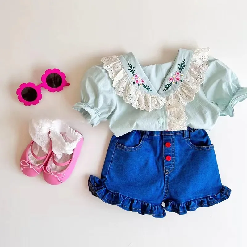 Summer Baby Girls\' Short Sleeve Shirt Embroidered Lace Doll Shirt For Children Korean Girls\' Cute Pure Cotton Bubble Sleeve Top