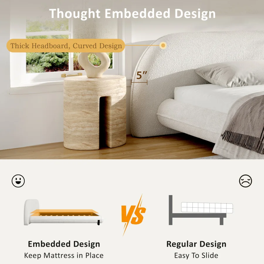 King Size Bed Frame with Boucle Fabric, Upholstered Platform Bed with Curve-Shaped Design and Thick Headboard, White Wear Resis view 4