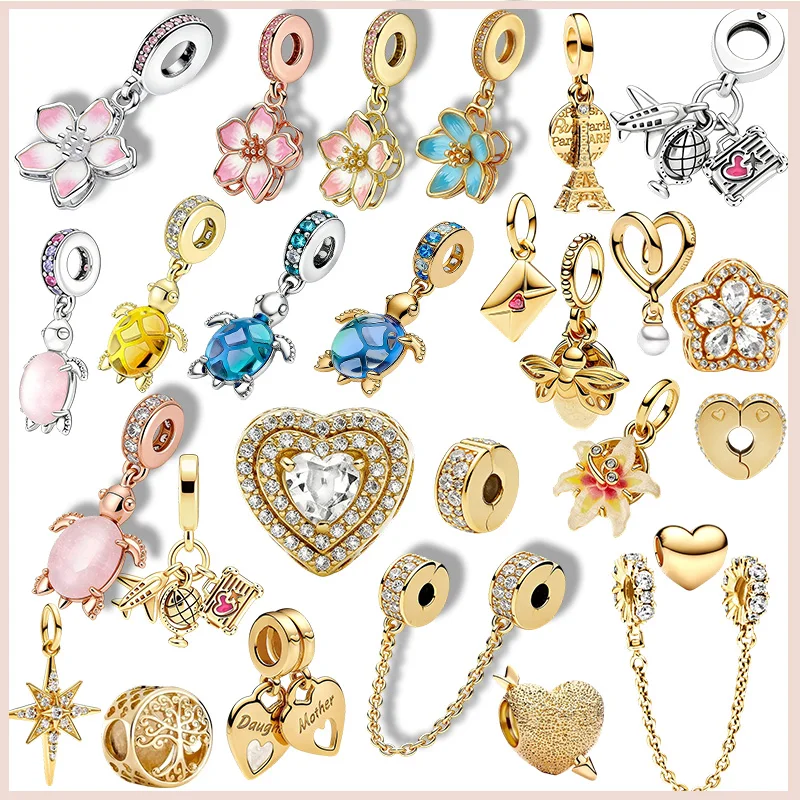 New Original Charms Beads Golden Flower&ampTortoise Sparkling Leveled Hearts Charm Beads Fit Pendant Bracelet Women Jewelry Gift