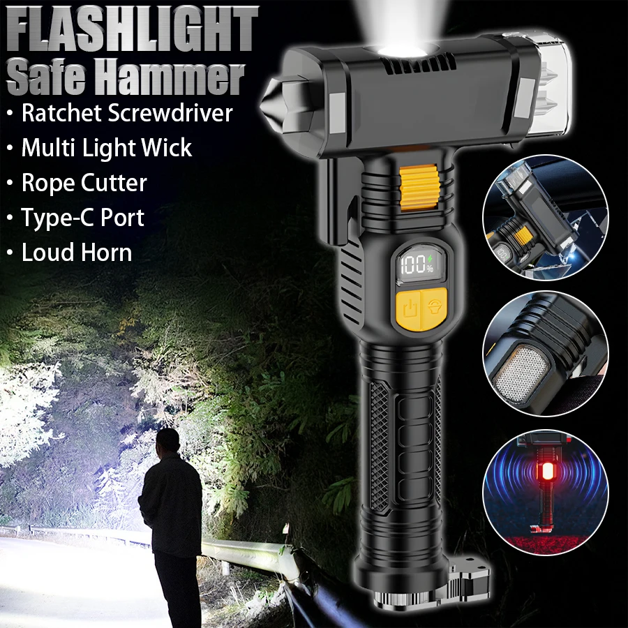 

Car Safety Hammer Flashlight Long Range Red Light Warning Light Outdoor Self Help Window Cutting Knife Multifunctional Work Lamp
