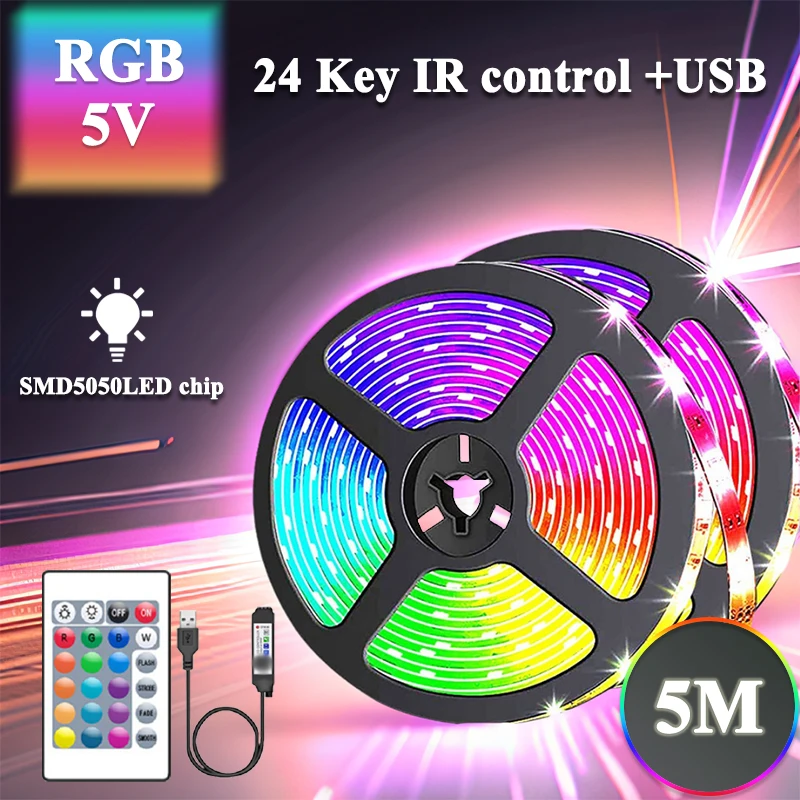

5M LED Strip Light Color Changing 5050 RGB USB Flexible Lights with 24 Keys FOR Children Gaming Room Home Party TV Backlight