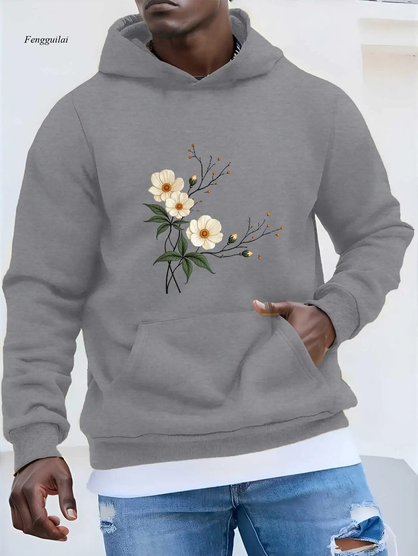 

Худи с минималистичным цветочным рисунком | Повседневный свободный крой, эластичная ткань, воротник с капюшоном, осенне-зимний сезон, с карманом
