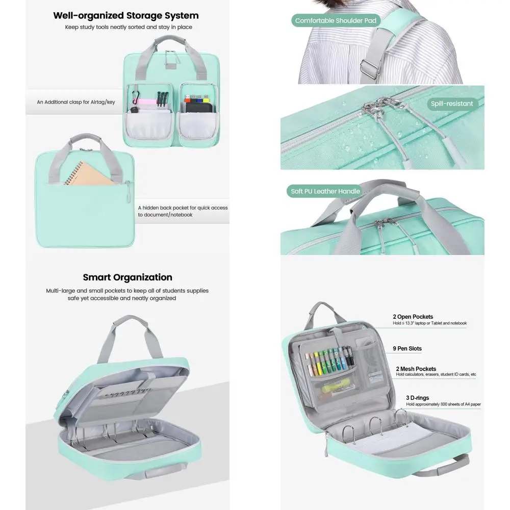 

Light Blue 4 3-Ring Zippered Binder with Shoulder Strap, Handle, and Pockets for 13-Inch Books/Tablets