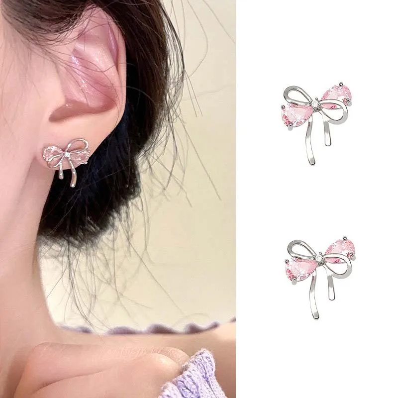 1Pair Sweet Cute Bow Stud Earrings for Women Korea Pink Zircon Ribbon Earrings Simple Minimalist Ear Piercing Jewelry Gifts