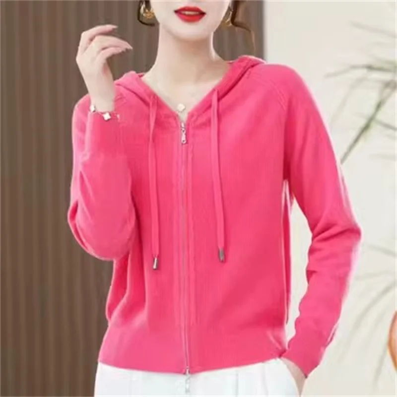 Solid Color Sweater Jacket Spring Autumn Outerwear Cashmere Sweater Hooded Cardigan Women\'s Knitted Outerwear Long Sleeved Loose